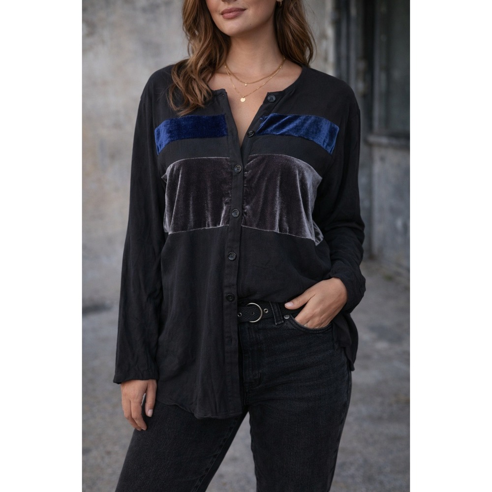 Vintage Velvet Panel Blouse Womens Large Black Button Front Artsy Boho Flowy Top